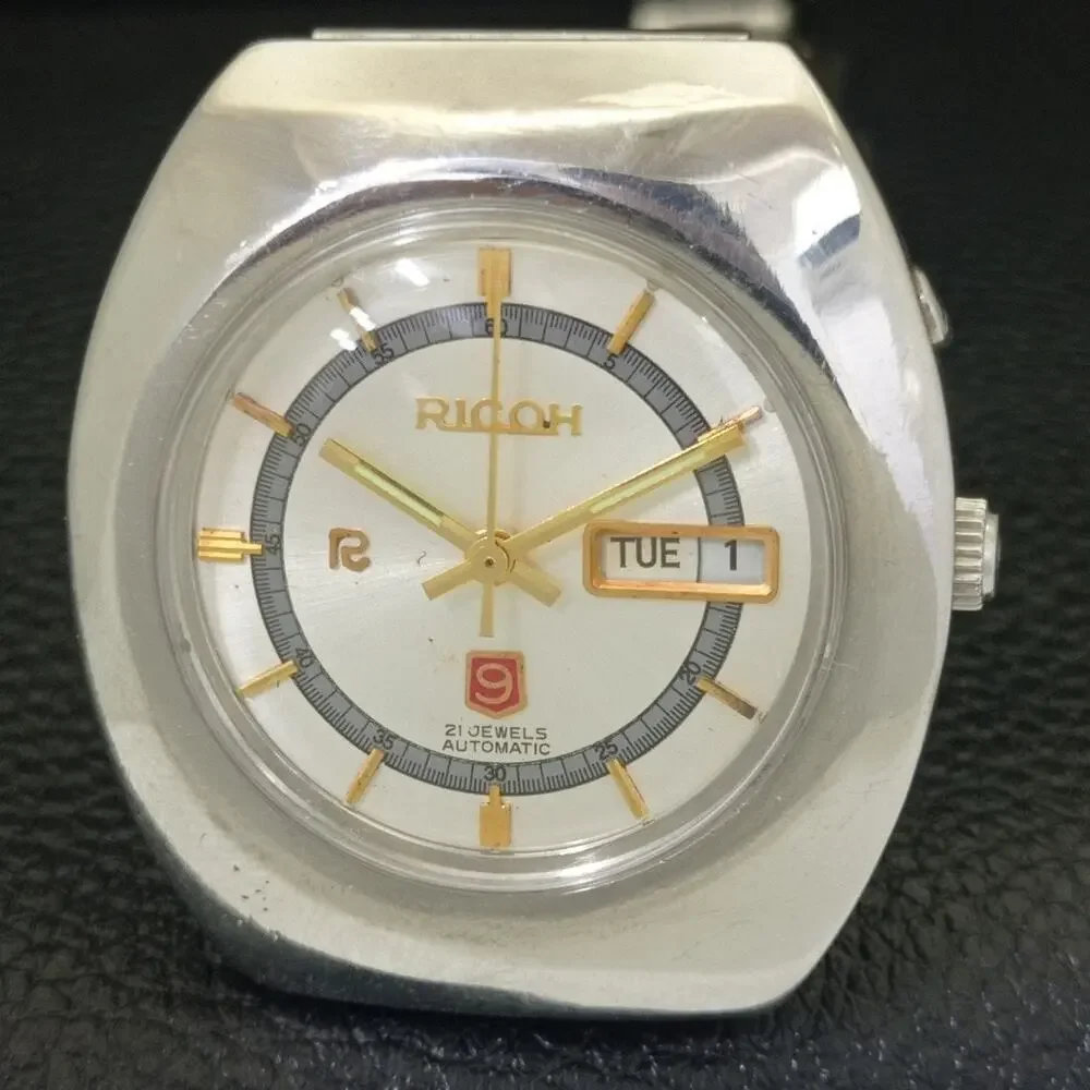 Vintage 1988 Ricoh Automatic Mens Silver Watch W/daydate & Gold accents
